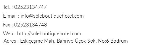 Sole Boutique Hotel telefon numaralar, faks, e-mail, posta adresi ve iletiim bilgileri